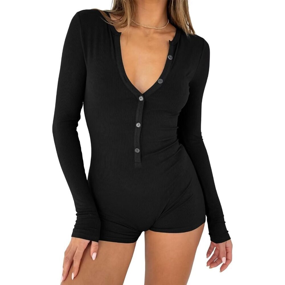 Women's Black One Piece Button Down Jumpsuit V Neck Romper Long Sleeve Bodysuit